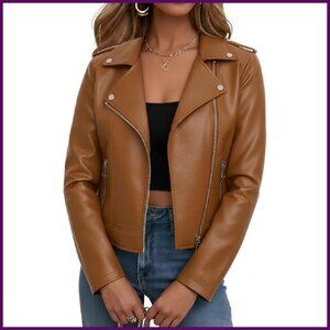Faux Leather Cropped Moto Jacket Women's Zip Up Biker Style